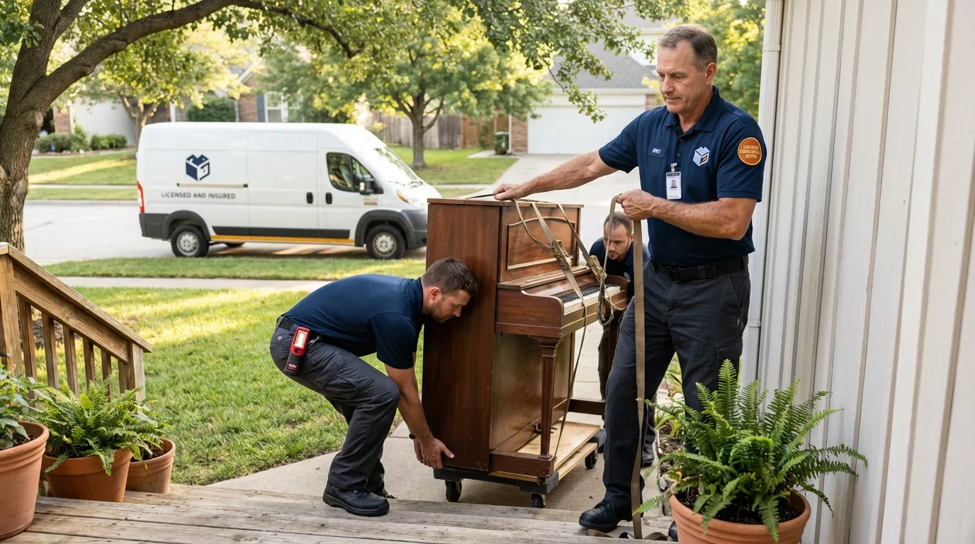 Licensed piano movers securing grand piano in Pea Ridge, AR