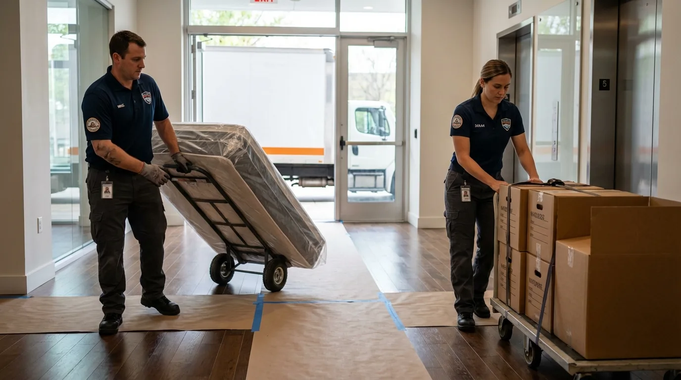 Professional apartment movers loading elevator in Pea Ridge, AR